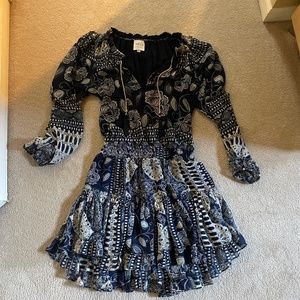 Misa Womens Floral Print Chiffon Pleated V-Neck Dress Navy Blue